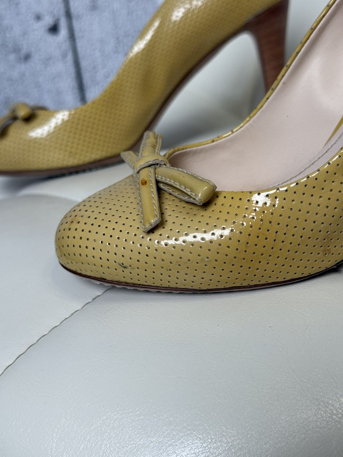 Prada Prada Sport Yellow Perforated Leather Bow Wooden Heel Pumps Size US 8 / IT 38 - 11 Thumbnail