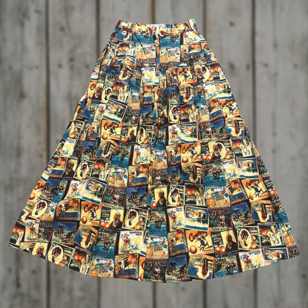 Vintage VINTAGE Skirt Western Print Made In USA L Women's 80s R.D midi-length Novelty Distressed Fade Size 36" / US 14 / IT 50 - 1 Thumbnail