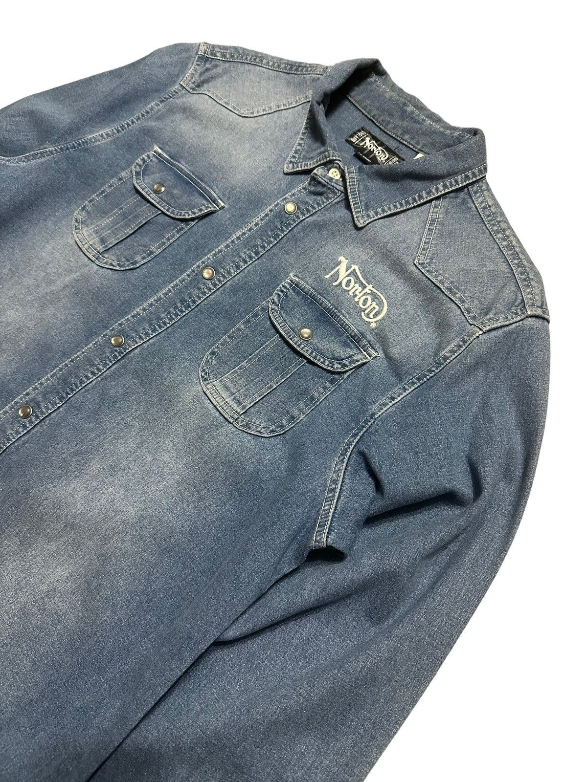 Designer × Japanese Brand × Vintage Vintage Norton Motorcycle Embroidered Blue Denim Shirts Size US M / EU 48-50 / 2 - 3 Thumbnail