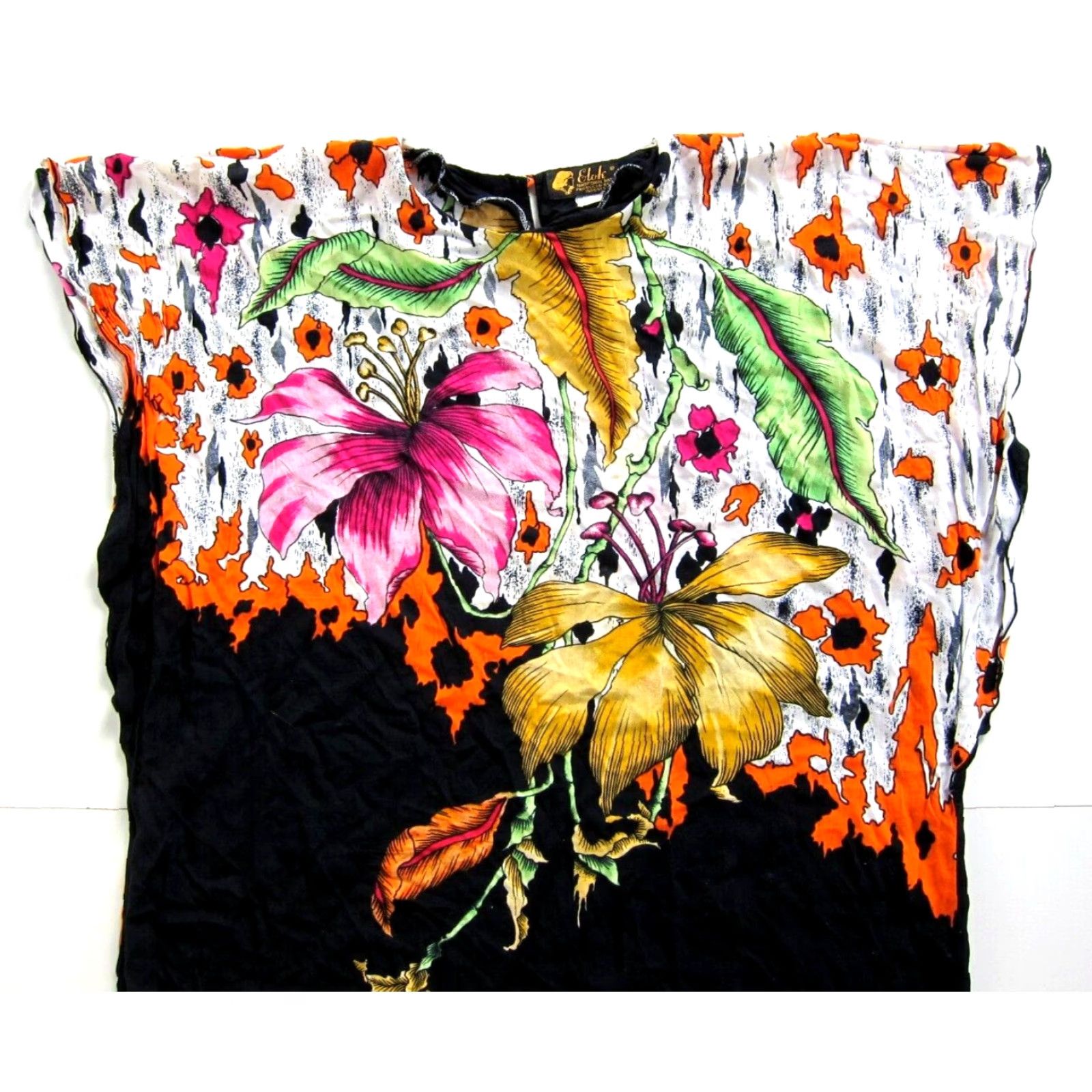Pinko VTG Elok Rayon Indonesia Batik Floral Black Pink Yellow Kaftan Muumuu Dress OS Size ONE SIZE - 4 Thumbnail