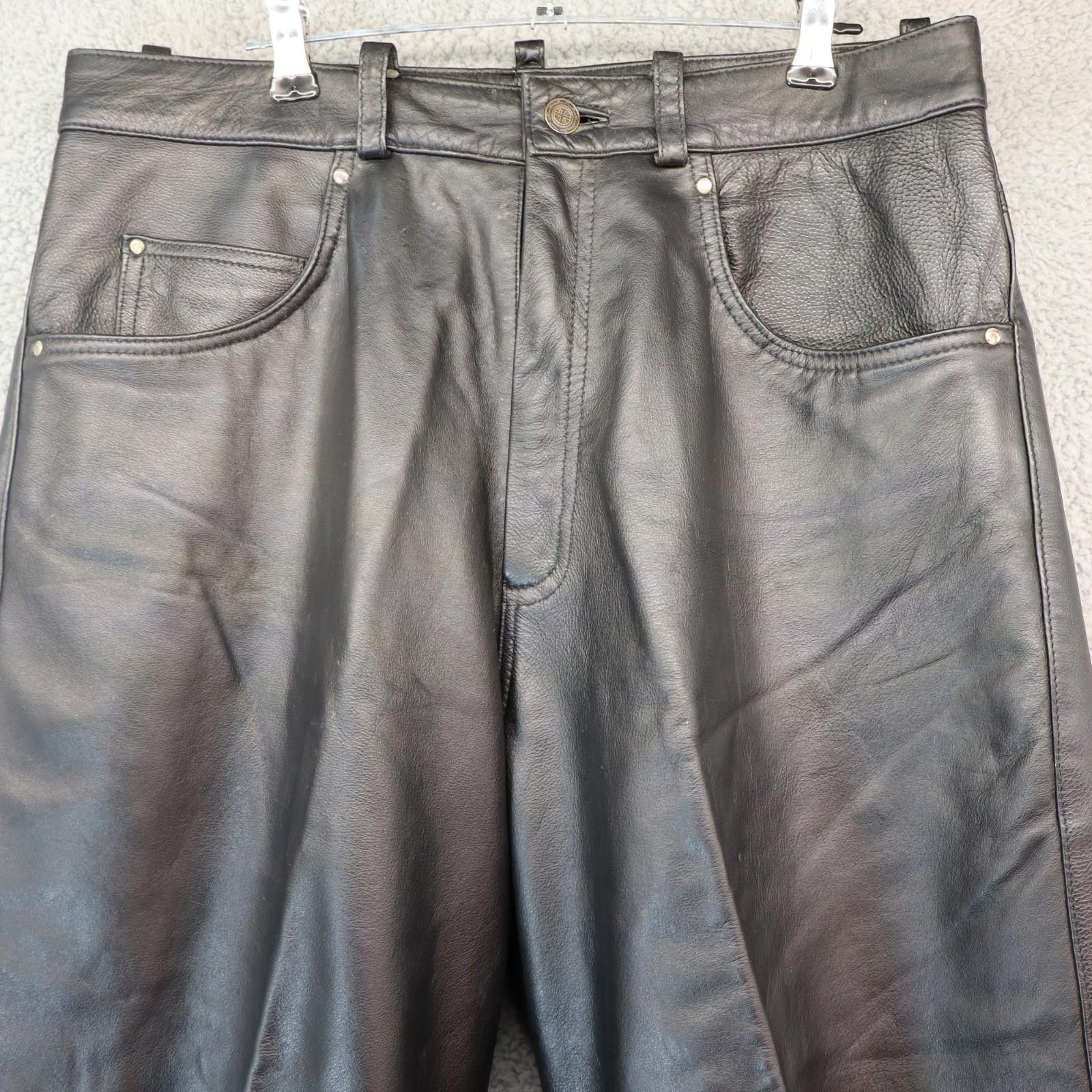 The Unbranded Brand Leather Jean Men 34x30 L42 Black Vtg Biker Motorcycle India Size US 34 / EU 50 - 2 Thumbnail