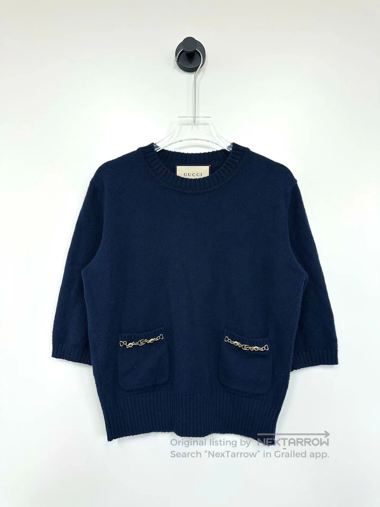 Gucci Guicci Dark Blue Cashmere Gold Buckle Chain Knit Short-sle Size US S / EU 44-46 / 1 - 1 Thumbnail
