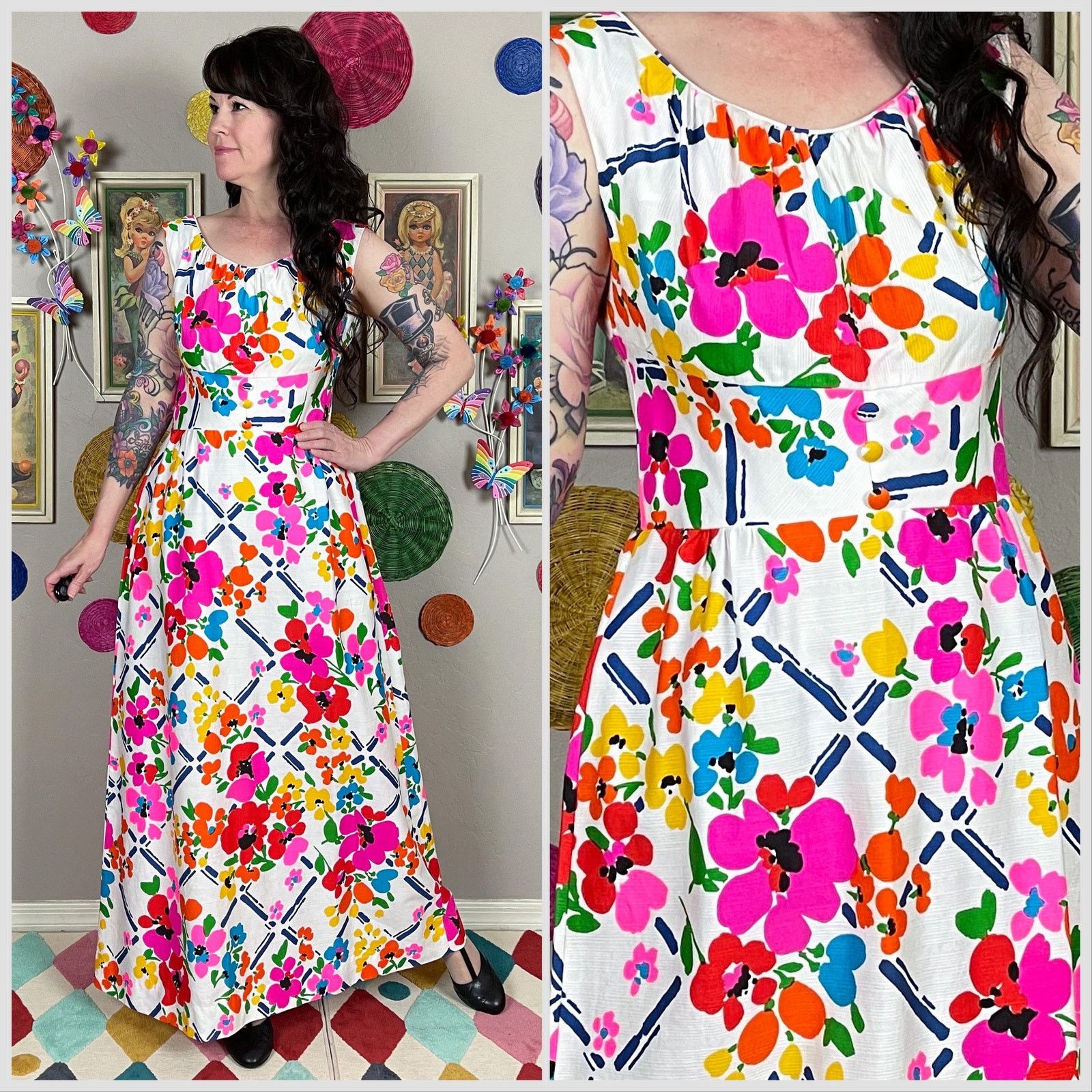 1970s White Hawaiian Floral Day Glo Sleeveless Maxi Dress