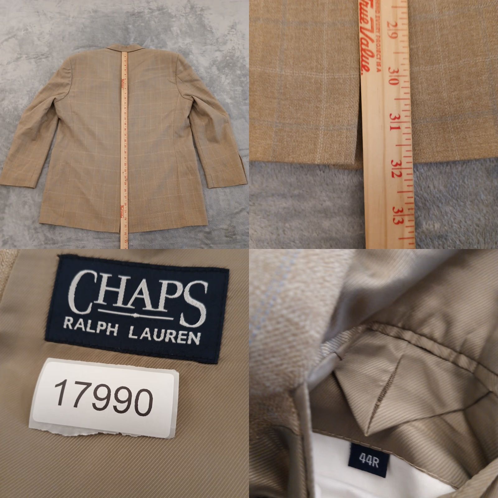 Chaps Chaps Blazer Mens 44 Beige Plaid Wool Two-Button Single Vent Notch Lapel Jacket Coat Size 44R - 8 Thumbnail