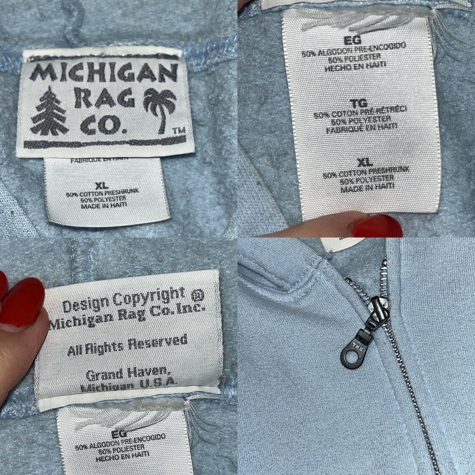 CO VINTAGE Michigan Rag Co TURTLE Full Zip Hoodie Shirt Mens XL Light Blue Knit Cotton Polyester 80s 90s Western Pockets Sea Turtle Print Front Size US XL / EU 56 / 4 - 8 Thumbnail
