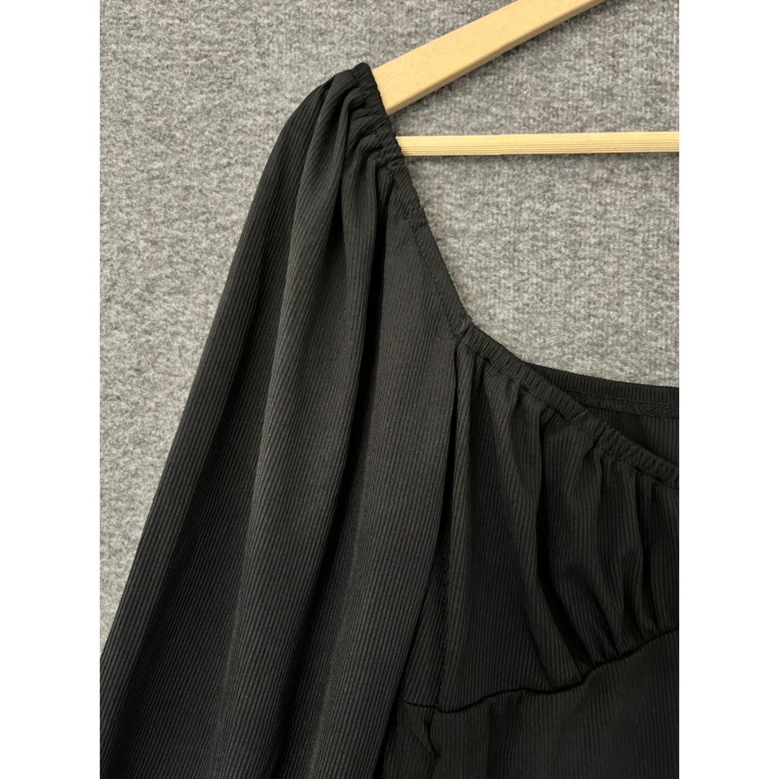 Vintage Solid Black Women's Dress Mini Puff Sleeve Ruched Drawstring Size L Womens Size L / US 10 / IT 46 - 7 Thumbnail