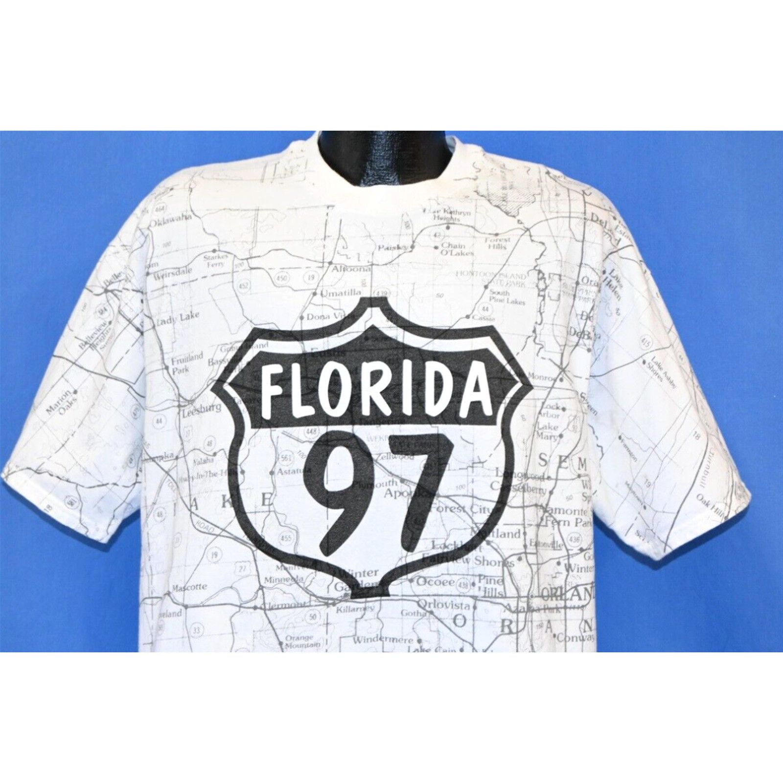 image of Hanes Vintage 90's Florida State Road Sr 97 Highway Map All Over Print T-Shirt XL in White, Men's