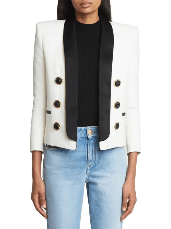Balmain o1s1wg110825 6 Button Satin Collar Jacket in White Size M / US 6-8 / IT 42-44 - 2 Thumbnail