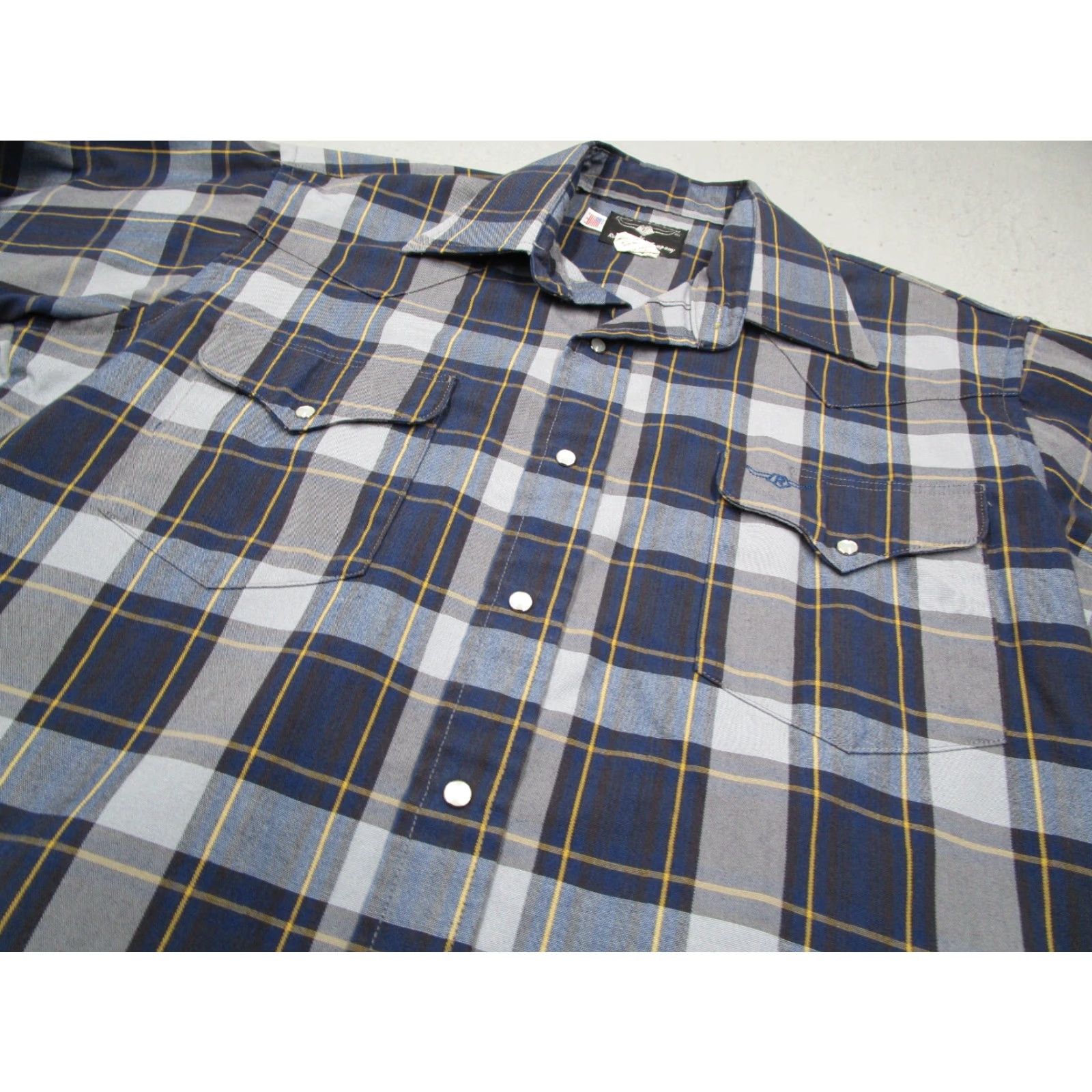 Vintage Flying R Ranchwear Shirt Mens 16 33 Blue Twill Button Up Workwear Rodeo Check Pearl snaps Made in USA