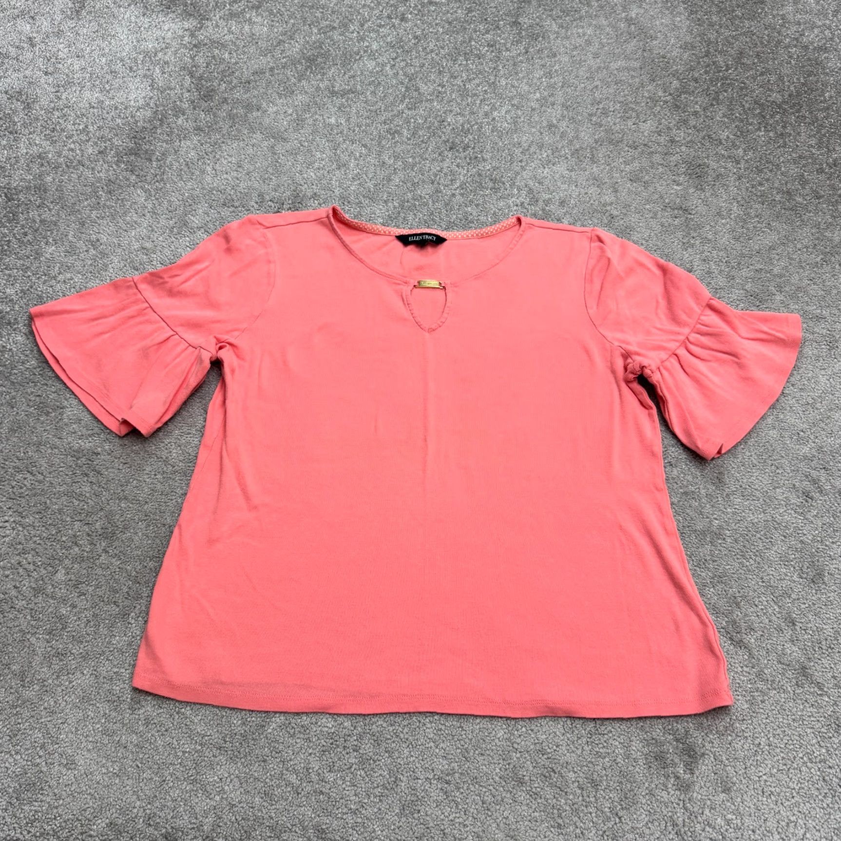 Ellen Tracy Ellen Tracy Pink Blouse Womens 1X Bell Sleeve Cotton Top Keyhole Gold Accent Casual Knit Lightweight Breathable Easy Care Modern Classic Size XL / US 12-14 / IT 48-50 - 2 Thumbnail