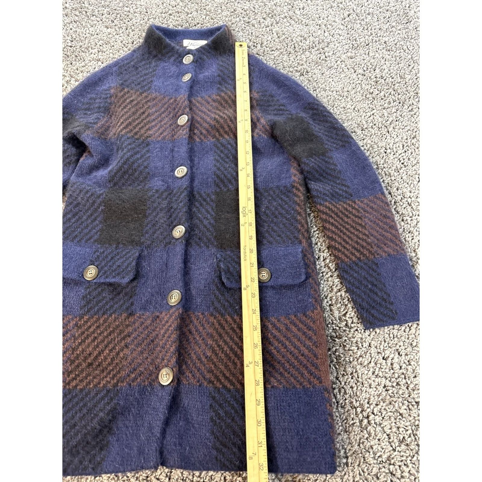 MZ Wallace VINTAGE Wallace Cardigan Sweater Womens XS Long Blue Geometric 90s Pocket Knit Rabbit Hair Button Crew Neck Size XS / US 0-2 / IT 36-38 - 2 Thumbnail
