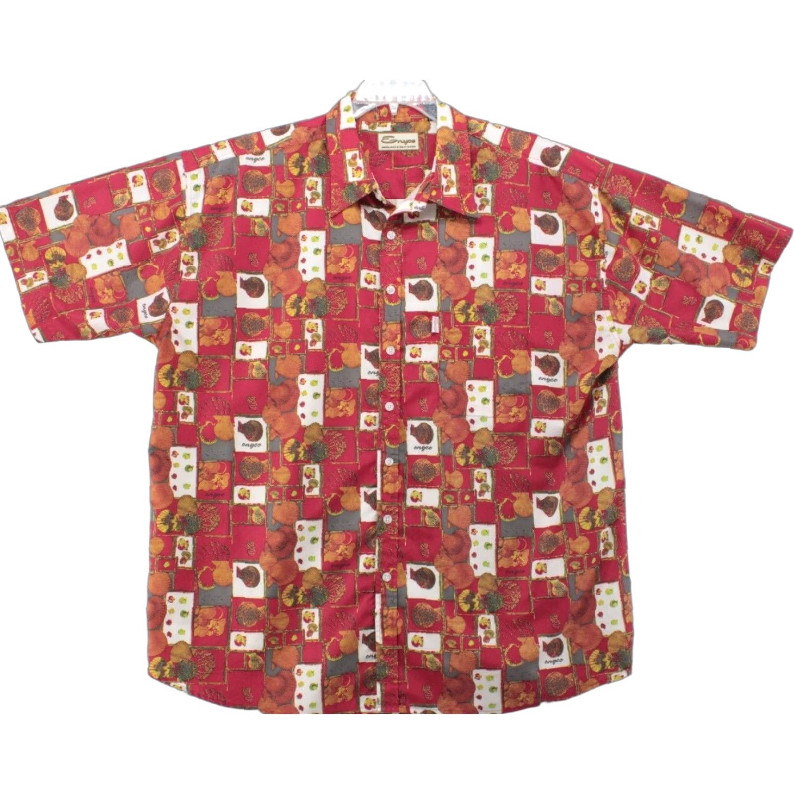 VINTAGE ENYCE Button Up Shirt Short Sleeve Men's XXXL Red Seashell Hawaiian 90s Aloha Beach Luau Shirt