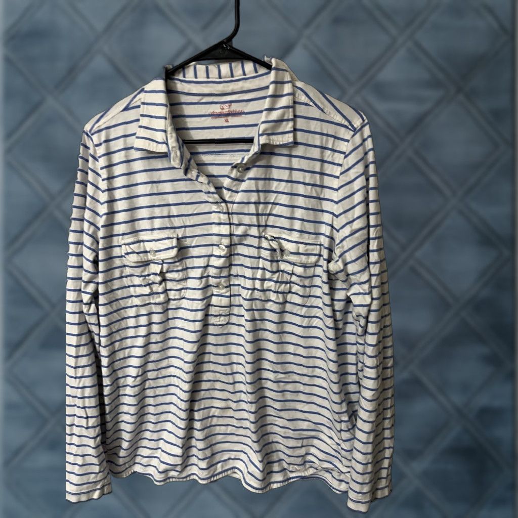 Vineyard Vines Vineyard Vines Shirt Mens XL Blue Striped Long Sleeve Button Up Pockets Knit Casual" Size US XL / EU 56 / 4 - 1 Thumbnail