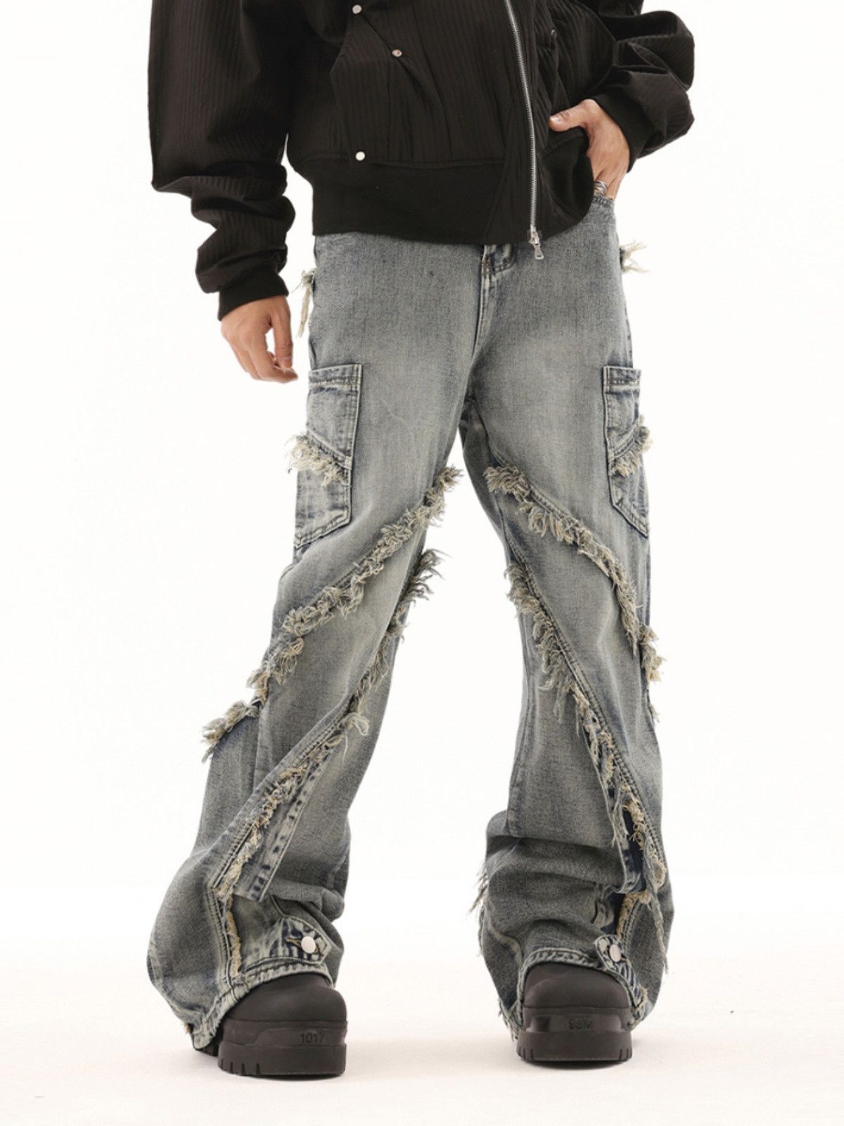 image of Opium Embroidered Stack Denim Jeans in Blue, Men's (Size 32)