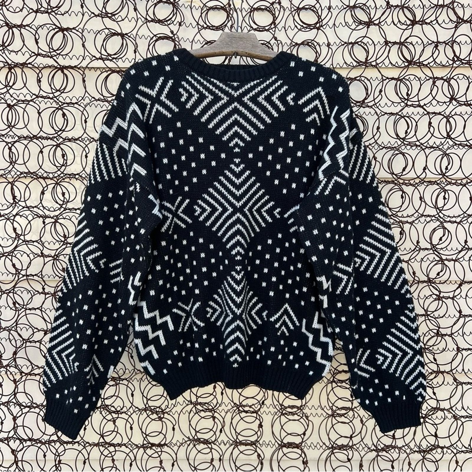 Vintage 80s Sweater Graphix Black White Geometric Diamond Dot Lines Size L / US 10 / IT 46 - 1 Thumbnail