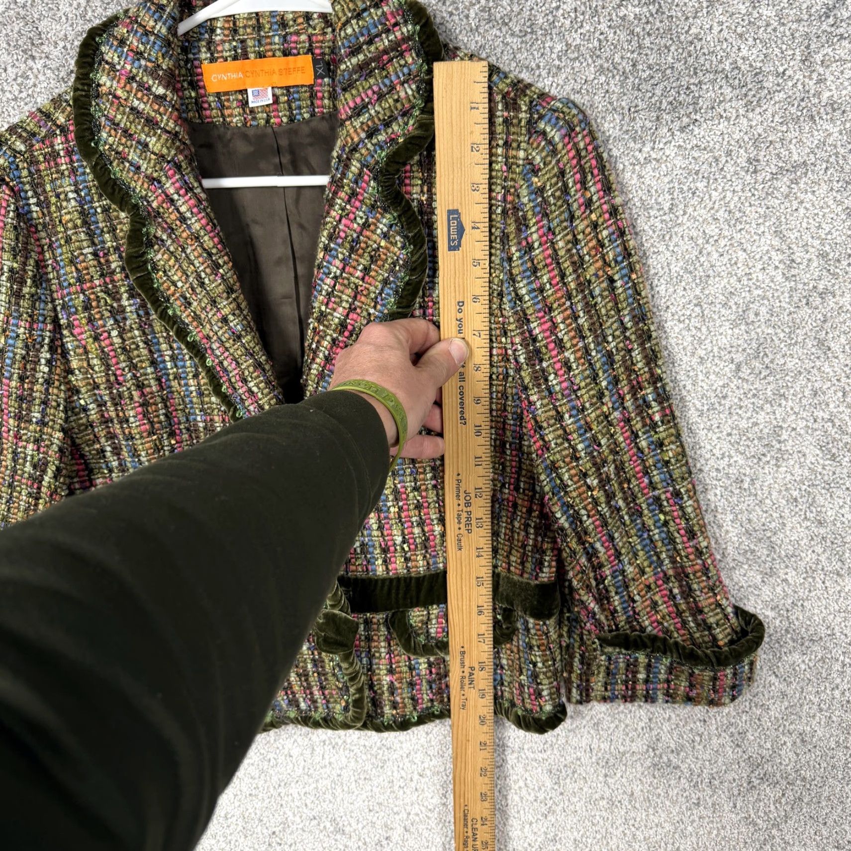Velvet VTG 90s Cynthia Cynthia Steffe Blazer XL Multicolor Tweed Velvet Trim 3/4 Sleeve Notch Collar Pockets USA Womens Size XL / US 12-14 / IT 48-50 - 2 Thumbnail