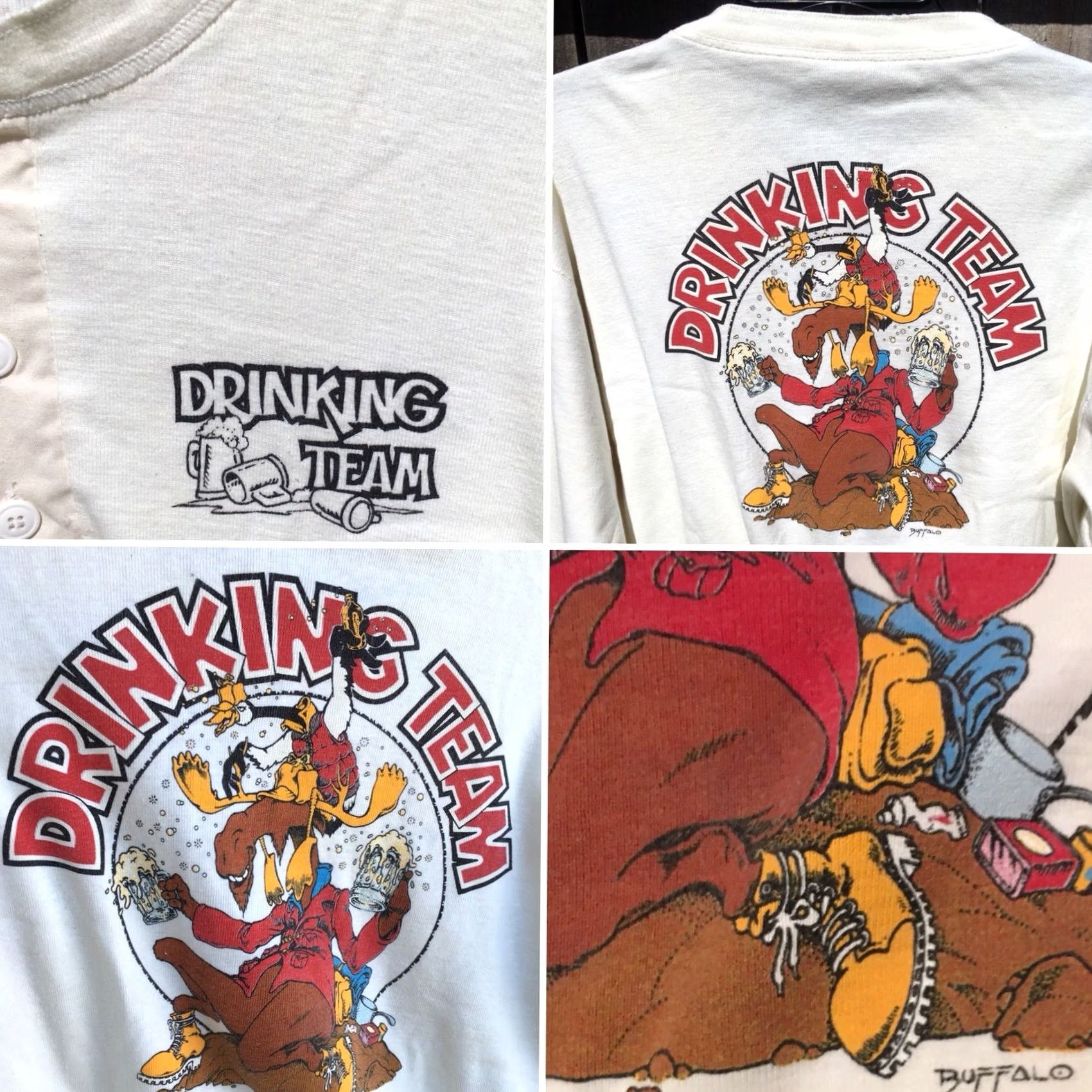 Vintage VINTAGE Buffalo Shirts T-Shirt DrinkING Team Drinking Arm Graphics Henley XL Ivory Men 80s Graphic Tee Size US XL / EU 56 / 4 - 5 Thumbnail
