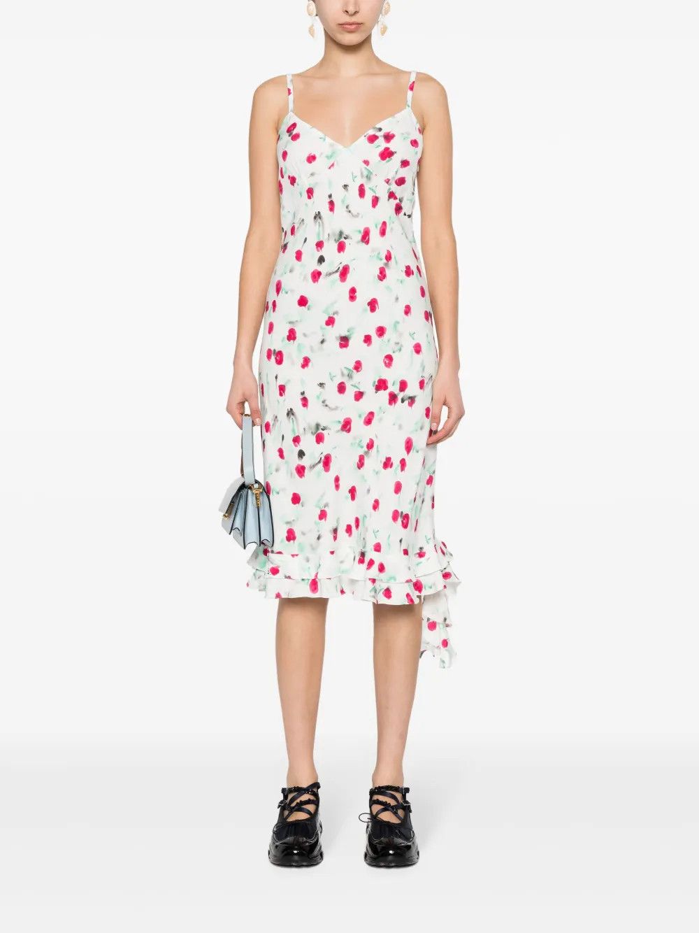 Marni o1w1db10125 Floral Ruffle Midi Dress in White/Dark Pink Size XL / US 12-14 / IT 48-50 - 2 Thumbnail