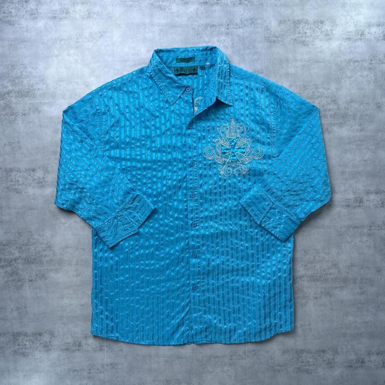 Affliction Y2K Marini 00s Blue Cross Button Up Shirt Size US XXL / EU 58 / 5 - 1 Thumbnail