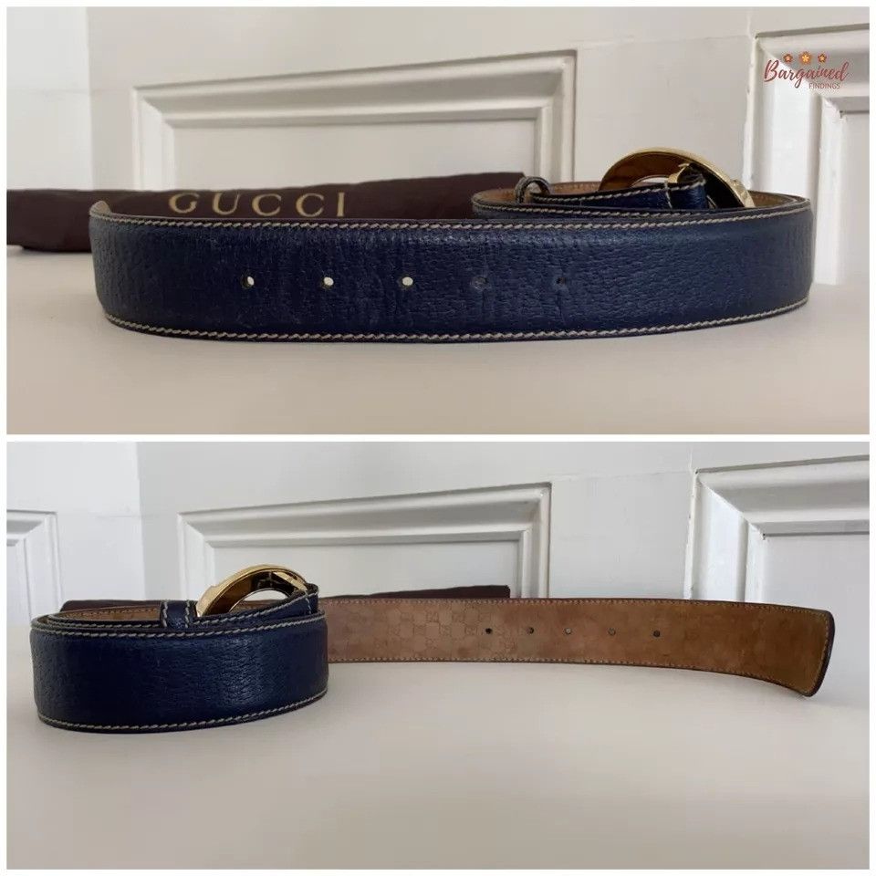 Gucci GUCCI Navy Calfskin Leather Gold Braided G Logo Buckle Belt Size 32 - 11 Thumbnail