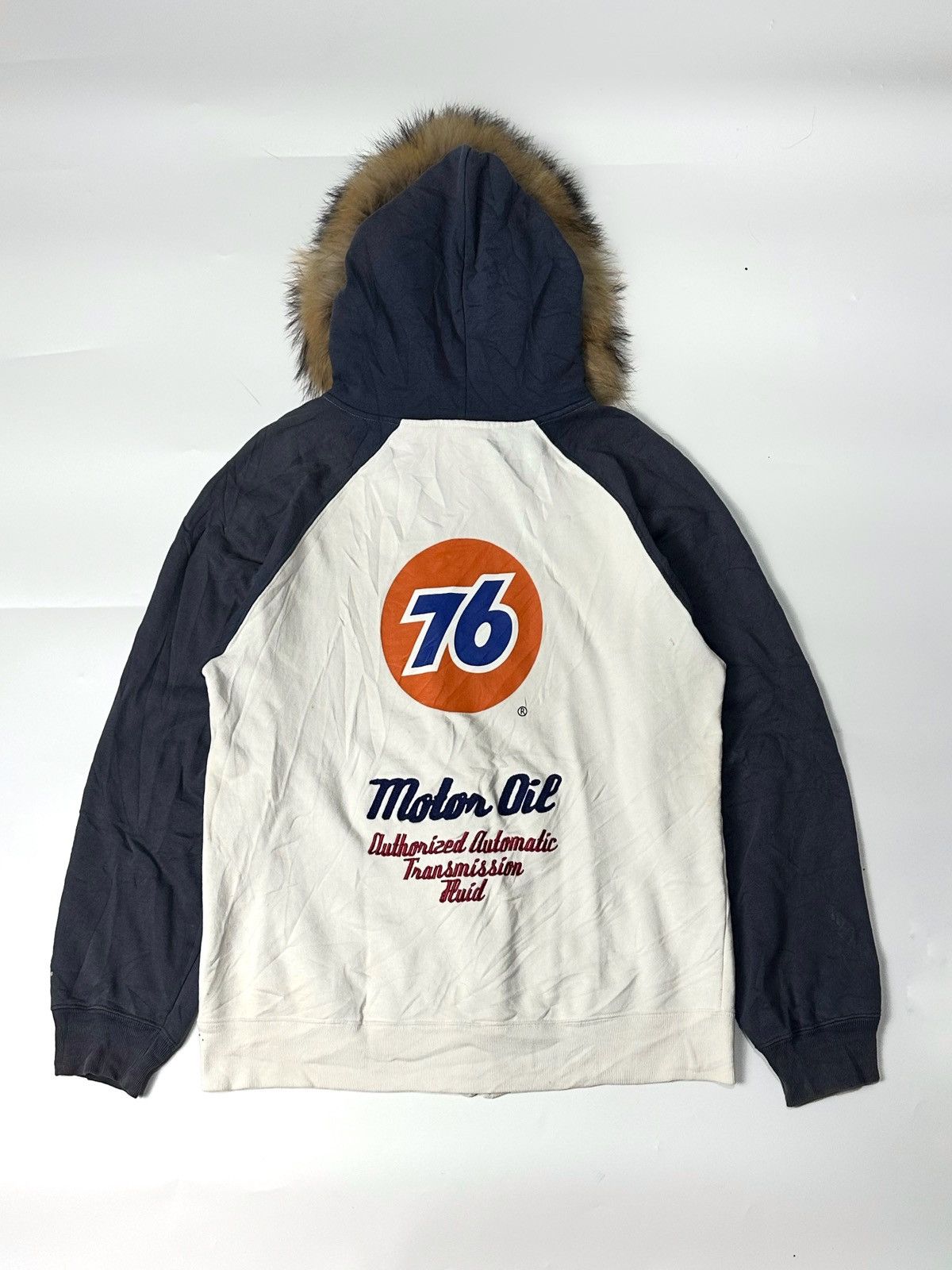 image of Hysteric Glamour x Le Grande Bleu L G B Faux Fur Zip Hoodie Union 76 Lubricant Motor Oil in Navy/Wh