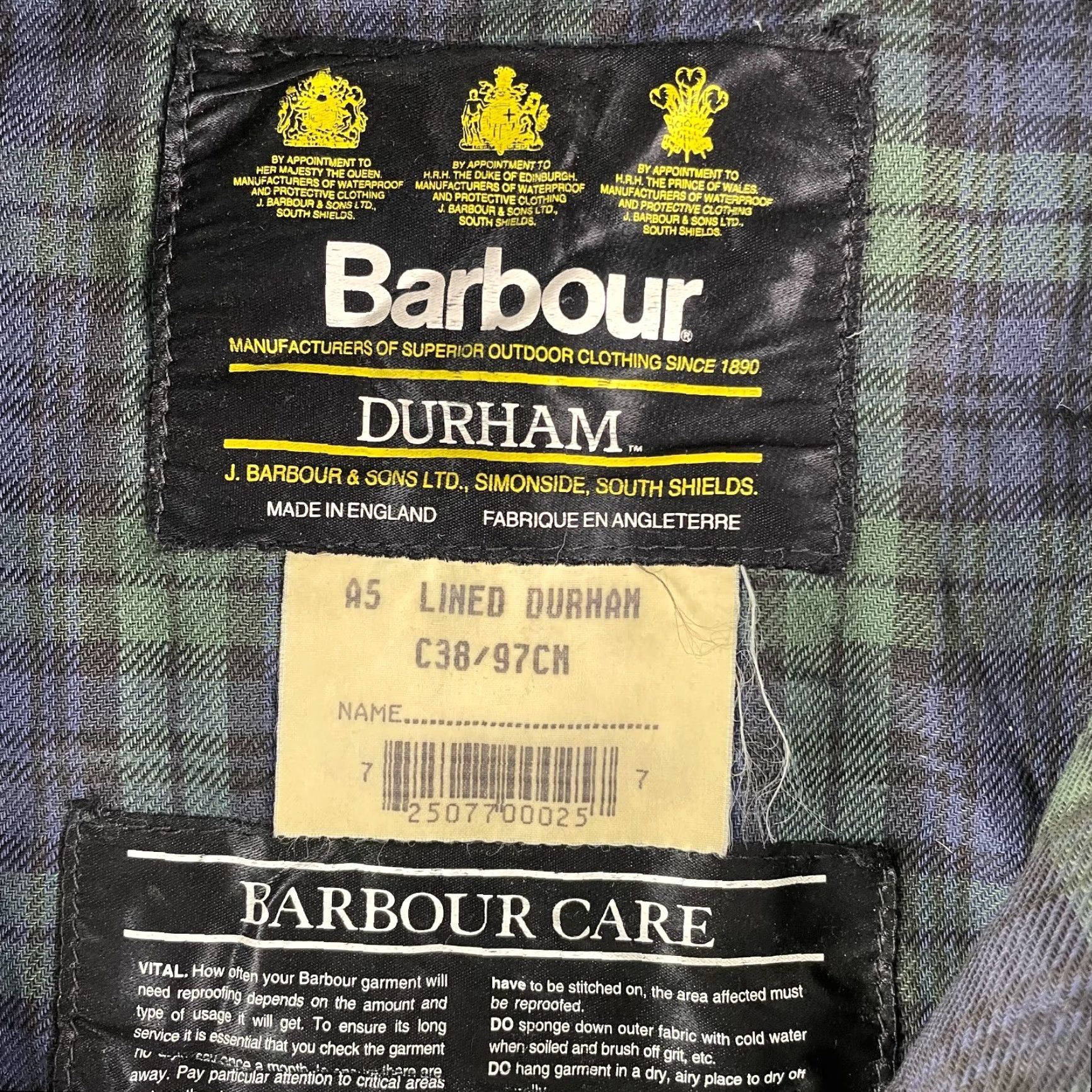 Barbour VINTAGE Barbour Jacket Durham Waxed A5 Men C38 Olive Tartan Plaid Lined Hooded Outdoors Size US XXS / EU 40 - 2 Thumbnail