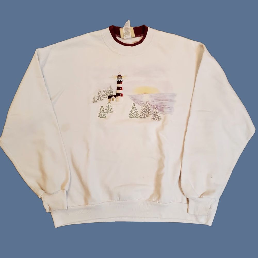 Vintage VINTAGE Morning Sun Sweatshirt Unisex Adults XL White 1990s Top Stitch Light House Crewneck Size US XL / EU 56 / 4 - 1 Thumbnail