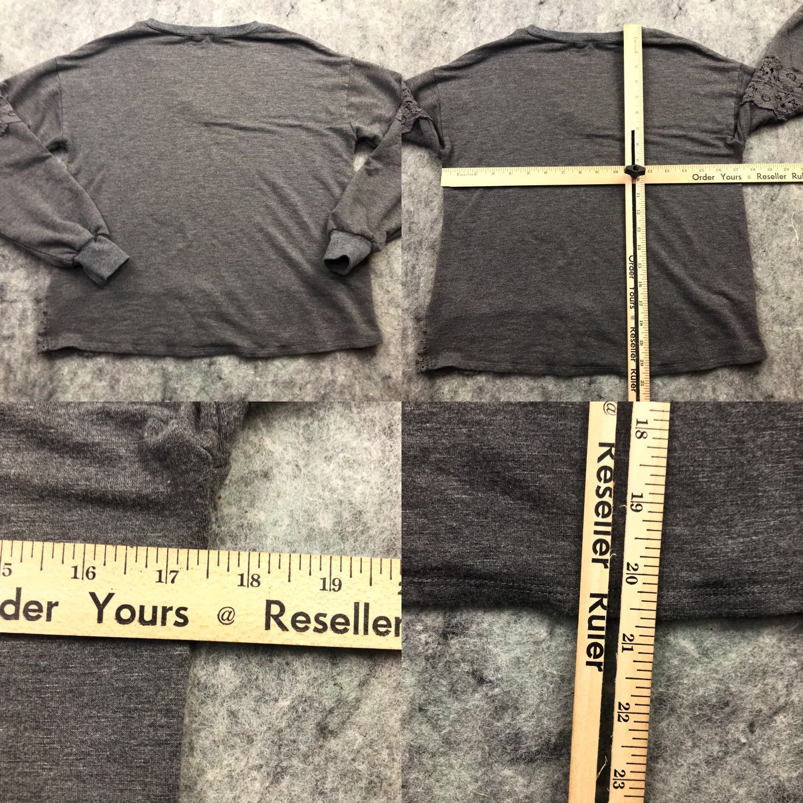Vintage Eyeshadow Shirt Women Small Gray V-Neck Long Sleeve Crochet Lace Trim Stretch Casual Top Lacey Gray Women S V-Neck Tops 90s Inspired? (No, avoid 90s) Size S / US 4 / IT 40 - 8 Thumbnail