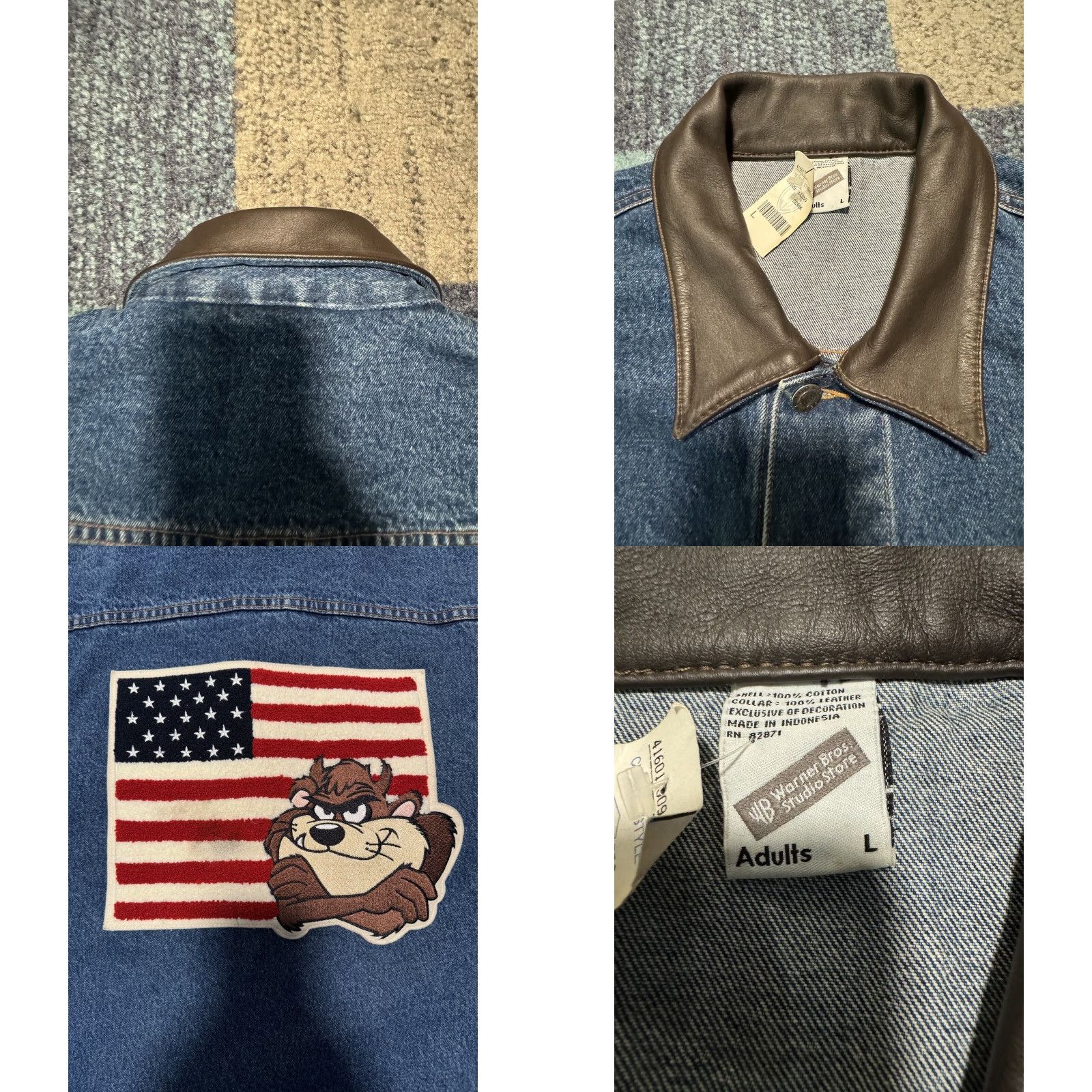 Vintage VINTAGE Warner Bros TAZ Tasmanian Devil Denim Jacket Large Unisex Adults 90s Leather Collar Blue Jean Style, USA Size US L / EU 52-54 / 3 - 9 Thumbnail