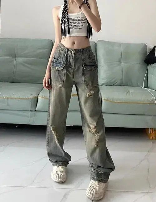 Japanese Brand High street washed yellow mud ripped jeans for women Size 25" / US 0 / IT 36 - 1 Thumbnail