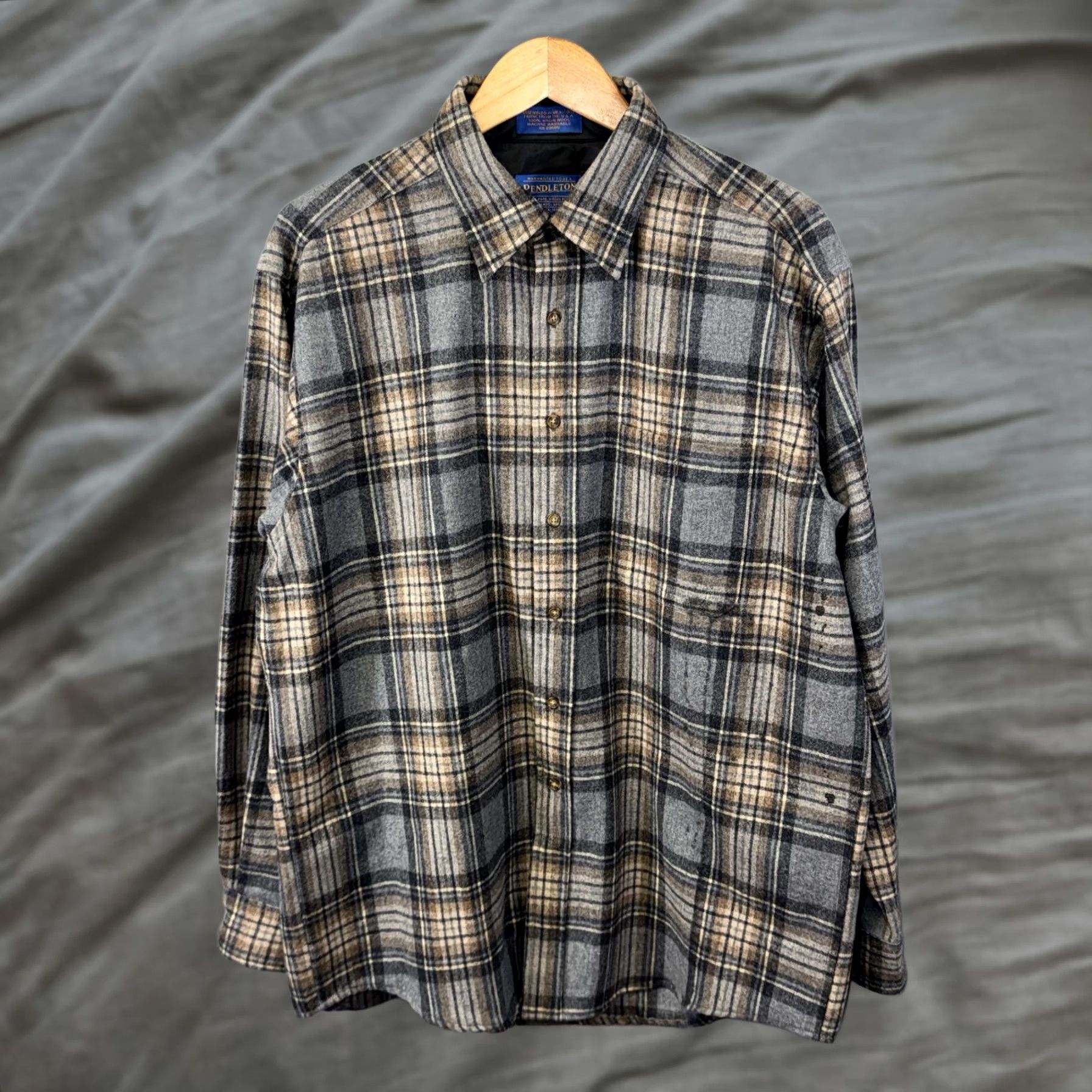 Pendleton Pendleton Shirt Mens Large Gray Tan Plaid 100% Virgin Wool Lined Elbow Patches Button-Up Wool Suede Pocket Size US L / EU 52-54 / 3 - 1 Thumbnail