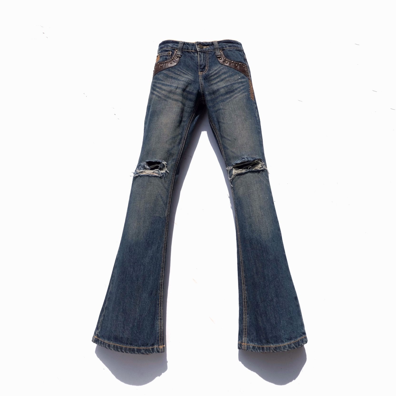 image of If Six Was Nine x Tornado Mart Semantic Design Distressed Flare Jeans in Washed Blue (Size 26)