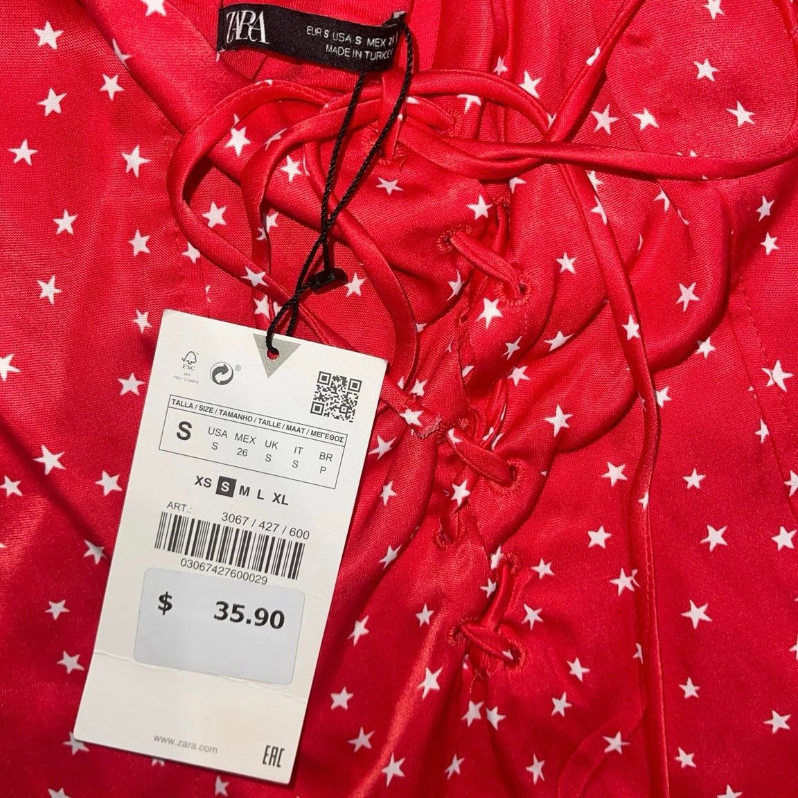 Zara Satin Style Star Print Bodysuit Red Lace Front Tie Small NWT Size S / US 4 / IT 40 - 4 Thumbnail