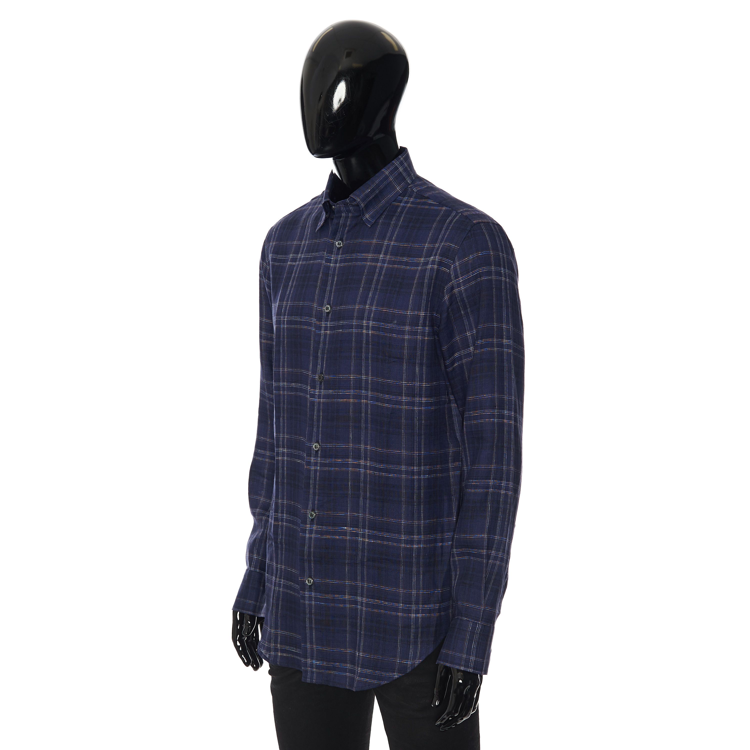 Brioni Longsleeve Fitted Shirt In Checked Blue Linen Size US M / EU 48-50 / 2 - 2 Thumbnail