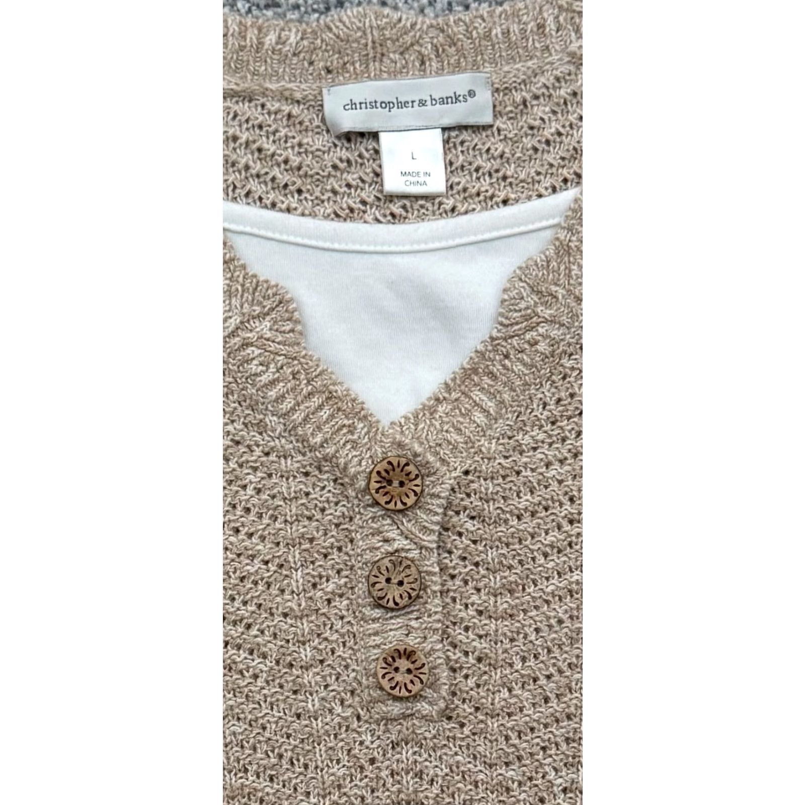 Vintage Christopher & Banks Open Knit Sweater Large Women Pullover Round Neck 3/4 Sleeve Beige Cotton Ramie Crochet Vintage No Bohemian Grandmacore Size L / US 10 / IT 46 - 6 Thumbnail