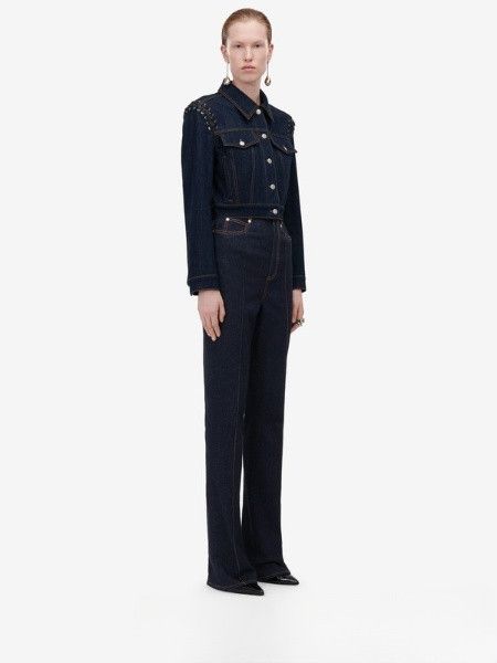 Alexander McQueen o1srvl11e0226 Lace Detail Cropped Denim Jacket In Blue Size XL / US 12-14 / IT 48-50 - 3 Thumbnail
