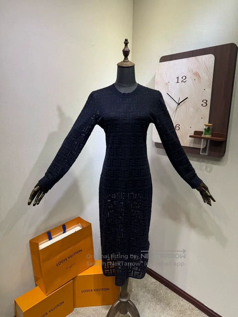 Fendi Fendi All-over Printed Logo Navy Blue Openwork Dress Size XS / US 0-2 / IT 36-38 - 1 Thumbnail