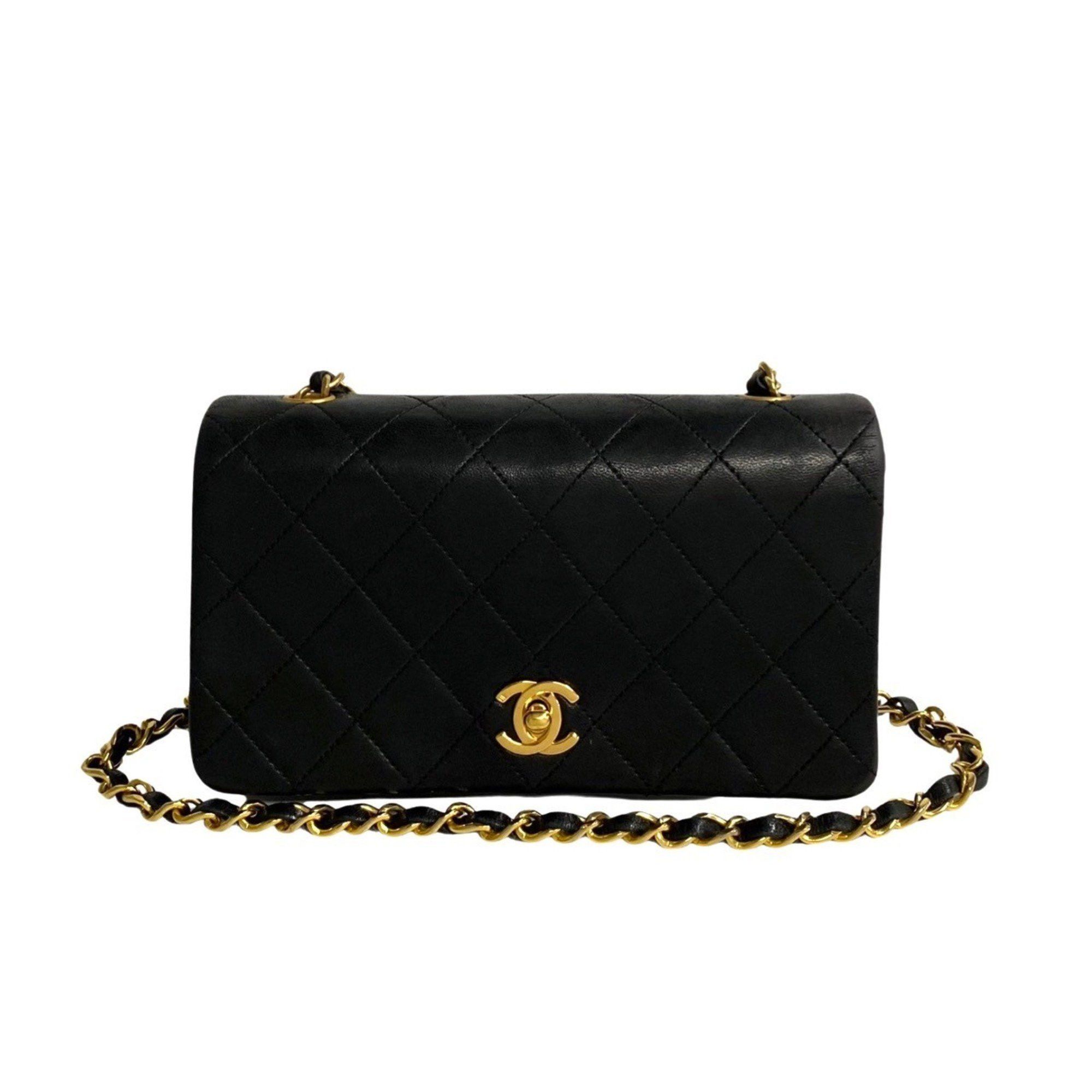 image of Chanel Matelasse Full Flap Lambskin Leather Turnlock Chain Shoulder Bag Black 24691, Women's