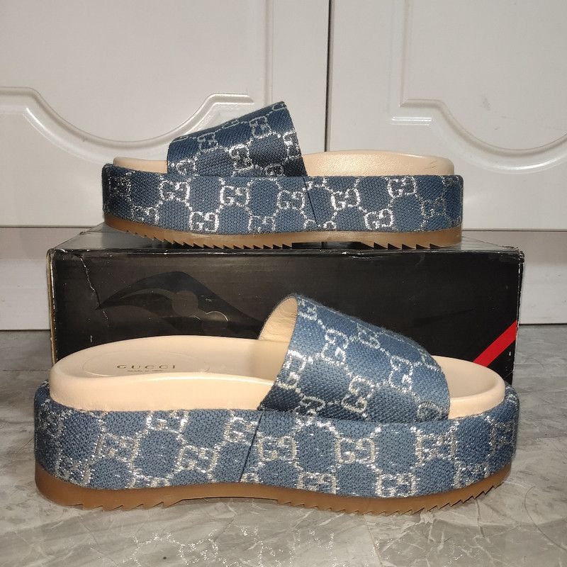 Gucci Gucci Blue and Brown Platform Slides - Size US 5 / EU 37 - 8 Thumbnail