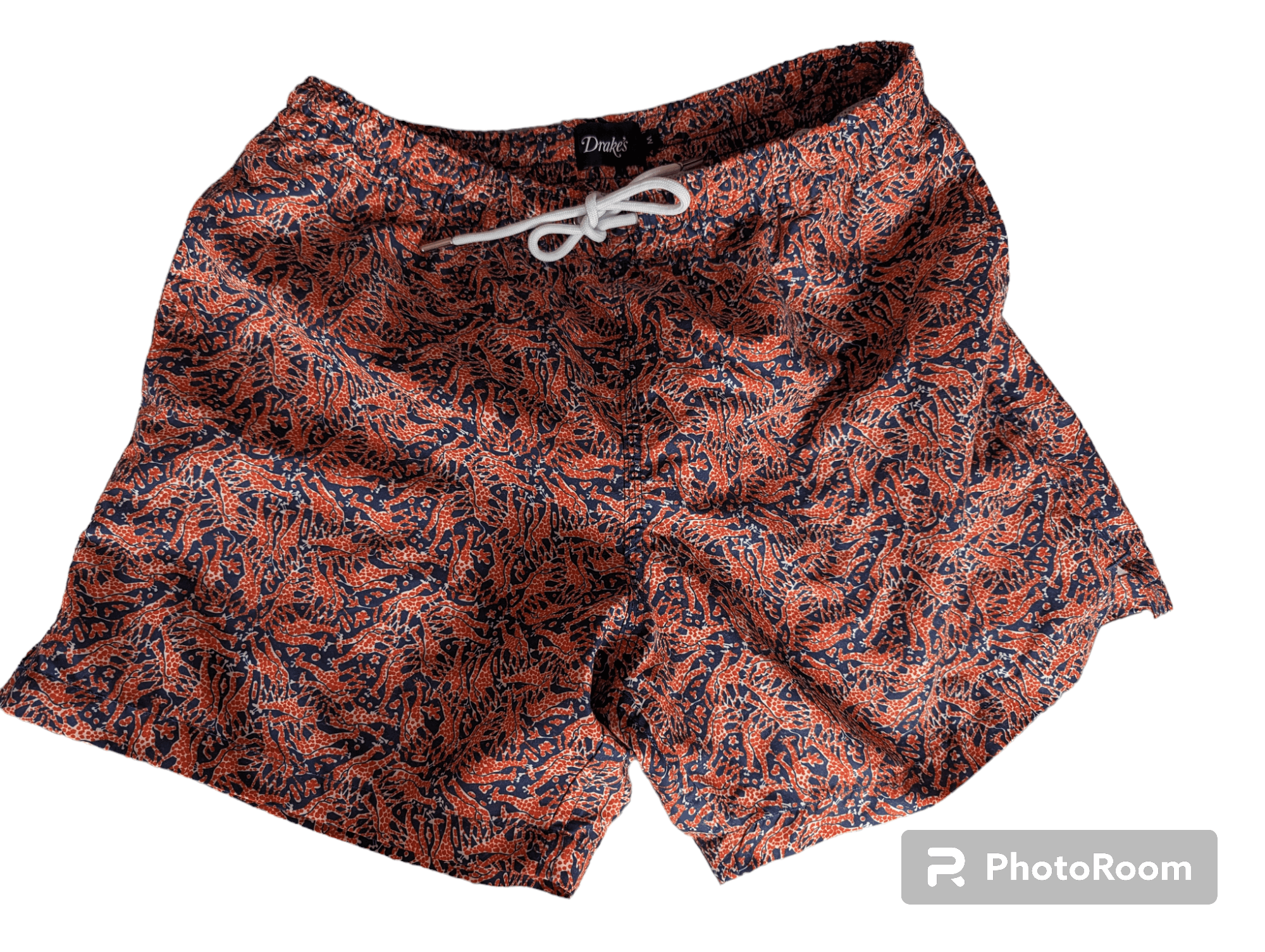 image of Drakes Giraffe Print Nylon Drawstring Swim Shorts in Navy/Pink, Men's (Size 32)