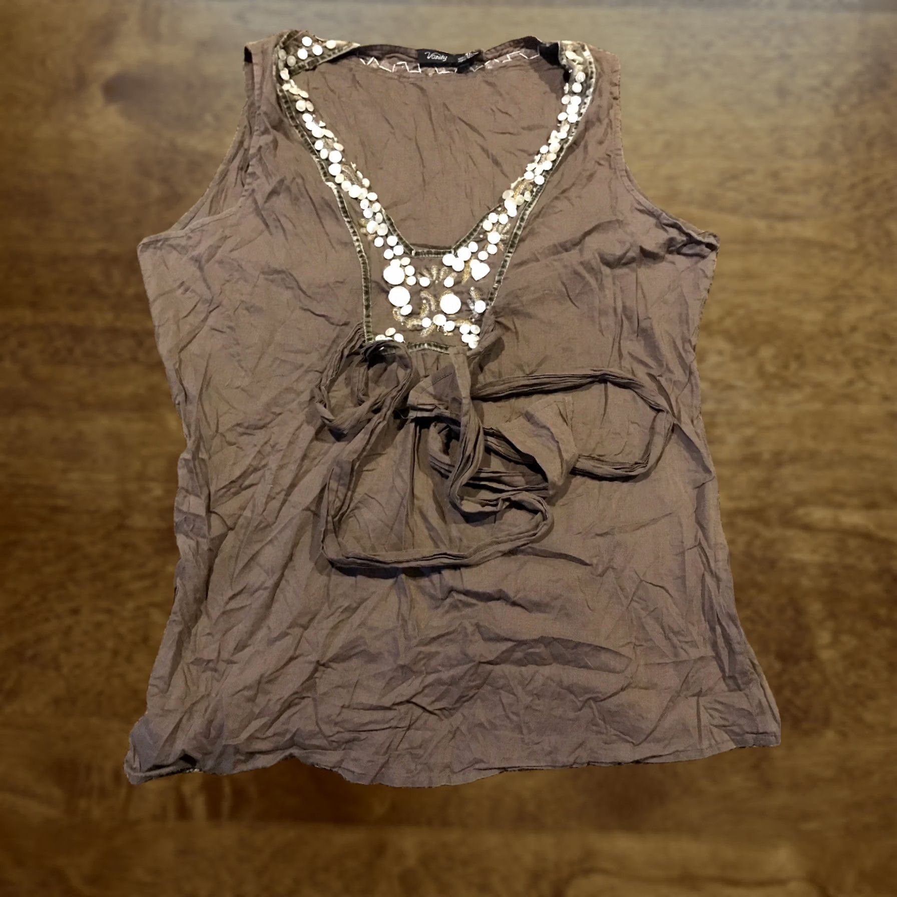 Vintage Vanity Womens XL Sleeveless Tie Front Shirt Cotton A11 Blouse Brown V-Neck Size XL / US 12-14 / IT 48-50 - 1 Thumbnail