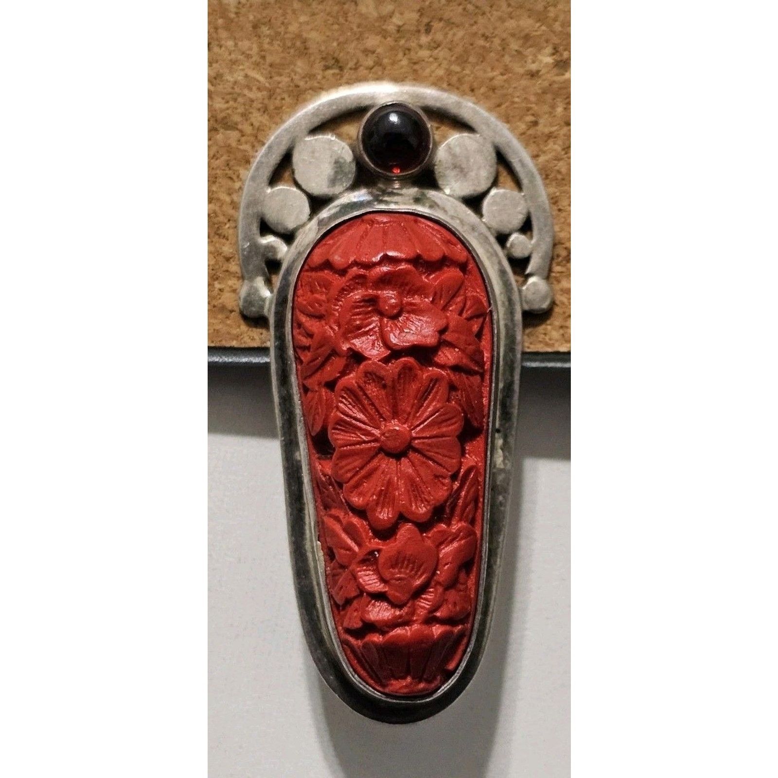 Other Vintage Sajen Silver Carved Cinnabar Garnet Clip On Earrings Size ONE SIZE - 2 Thumbnail