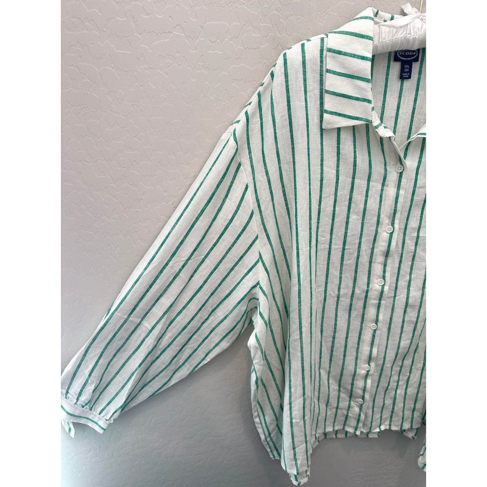 SCOOP SCOOP Green White Striped Linen Button Front Plus Size Top Size XXL / US 16-18 / IT 52-54 - 3 Thumbnail