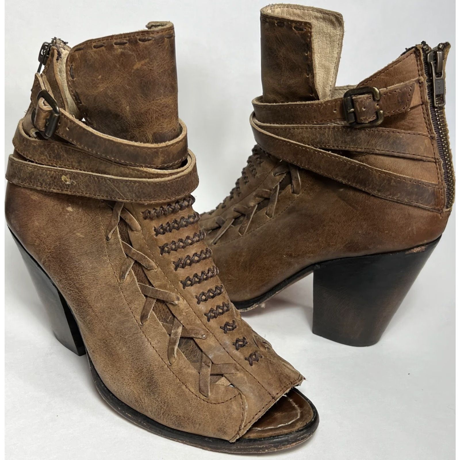 FREEBIRD VINTAGE Freebird By Steven Eagle Booties Peep Toe Leather Boots Brown Size 7 Womens Shoes Eagle Theme Size US 7 / IT 37 - 2 Thumbnail