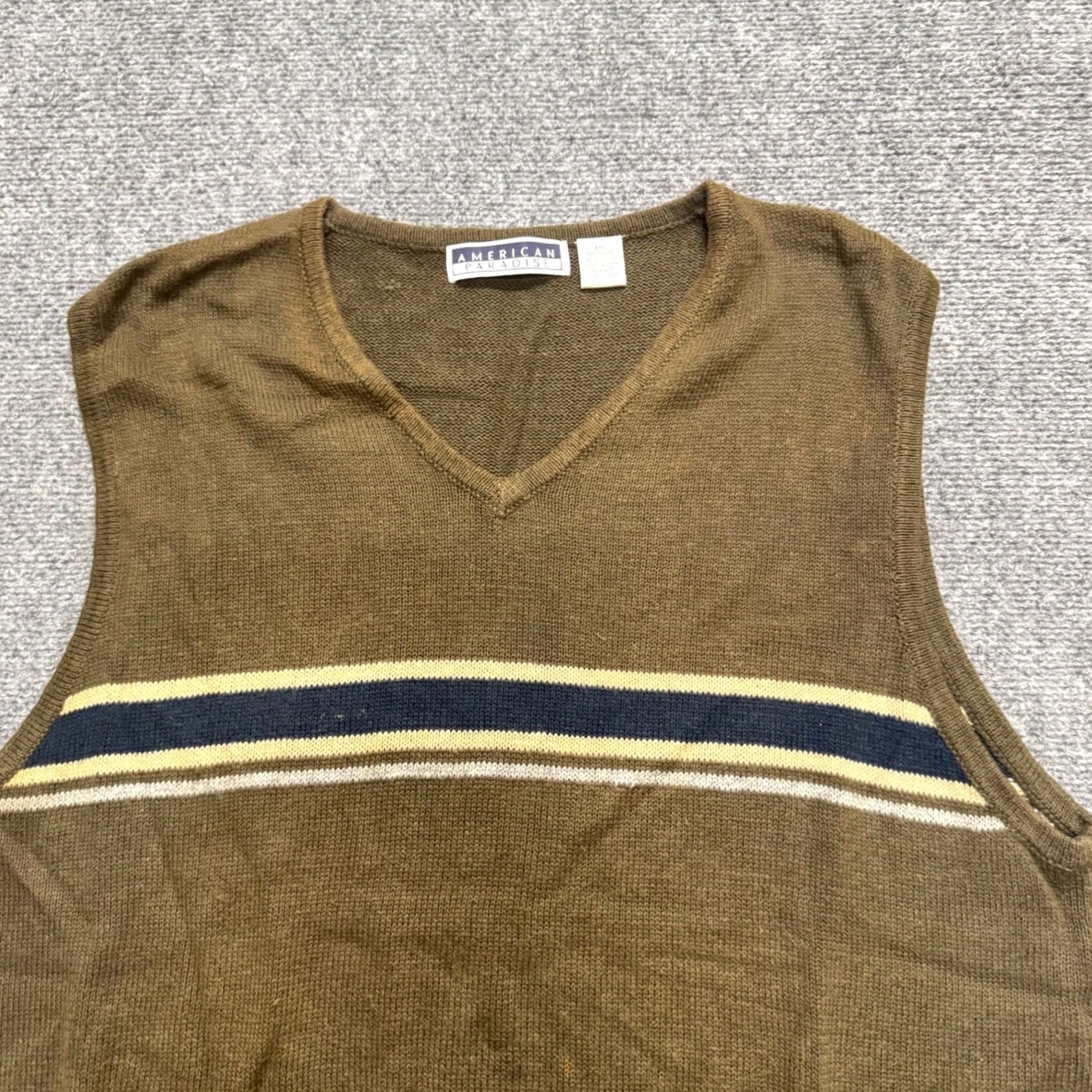 The Unbranded Brand VINTAGE The Unbranded Brand VTG American Paradise Sweater Vest Pullover 2XL Cotton Blend Striped Brown Men Big & Tall Brown Sweater Vest Mens Size US XXL / EU 58 / 5 - 7 Thumbnail