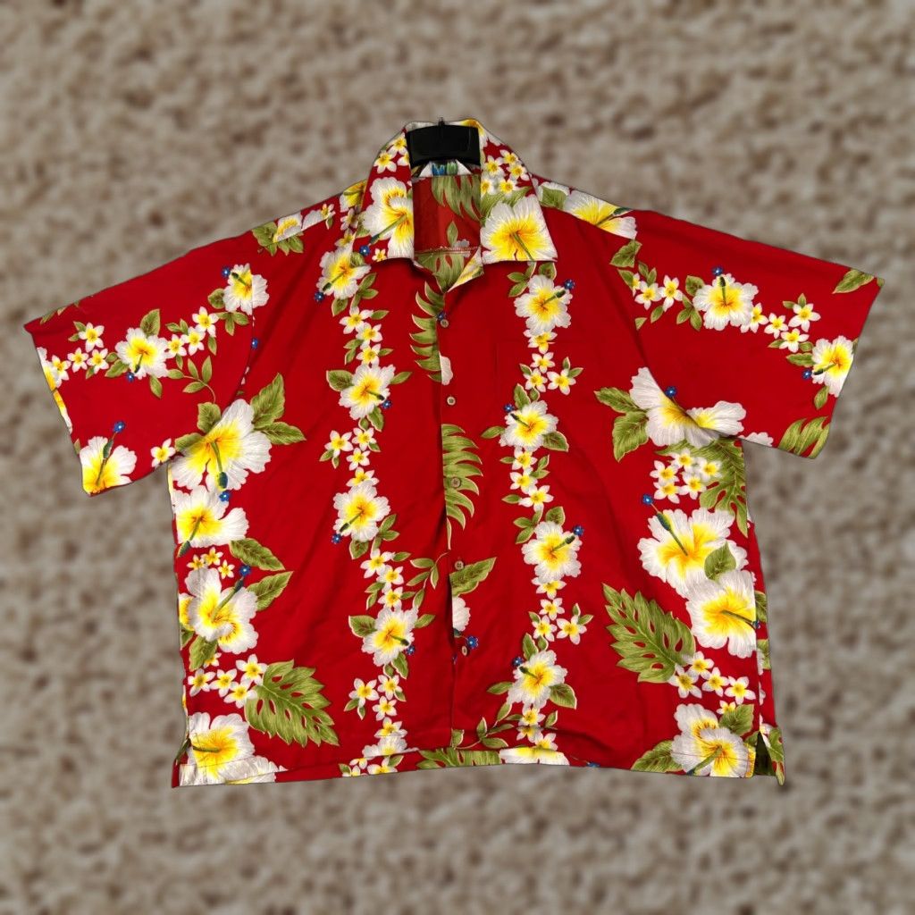 Alvish Shirt Mens 2XL Red Floral Hawaiian Polyester Button-Up Short Sleeve Beach Vacation Aloha Resort Mens