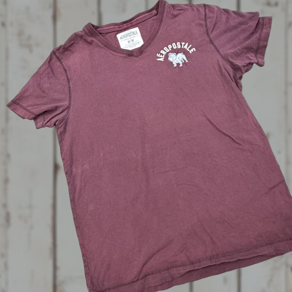 Aeropostale Aeropostale Shirt Mens Medium Maroon V Neck Bulldog Graphic Cotton Logo Tee Size US M / EU 48-50 / 2 - 1 Thumbnail