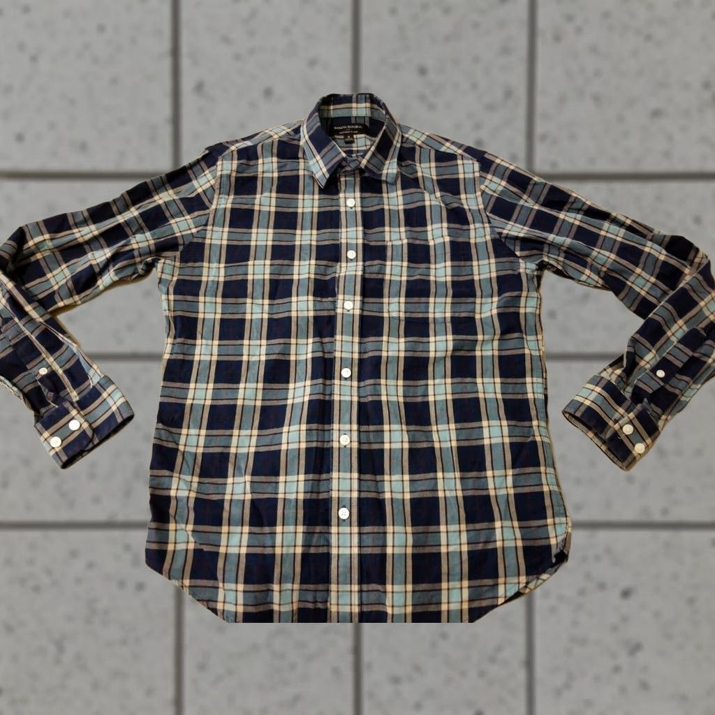 Banana Republic Mens Banana Republic Dress Shirt S Small Navy Blue Button Cotton Plaid Flannel Size 36R - 1 Thumbnail