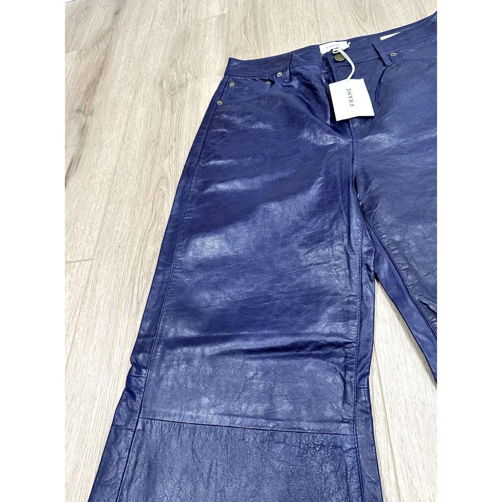 Frame VINTAGE NWT Frame Women's Blue Le Palazzo High-Rise Crinkle Leather Wide-Leg Pants 30 Size 30" / US 8 / IT 44 - 6 Thumbnail