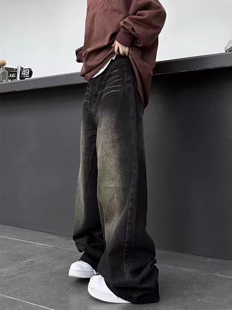 Retro washed distressed straight wide leg baggy jeans